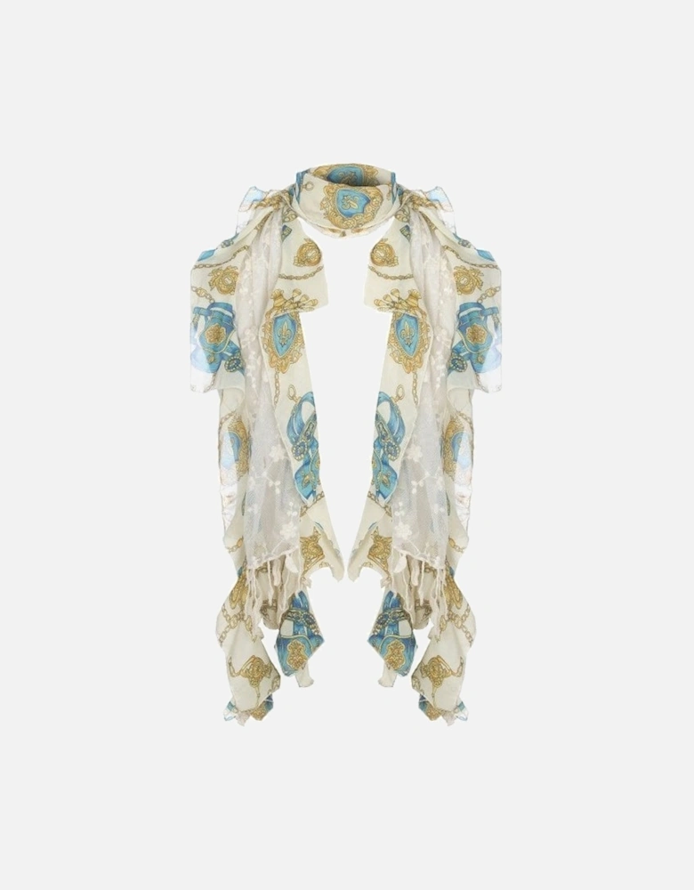Blue Silk Chiffon and Lace Scarf
