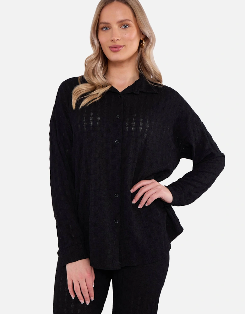 Black Textured Oversized Long Sleeves Shirt