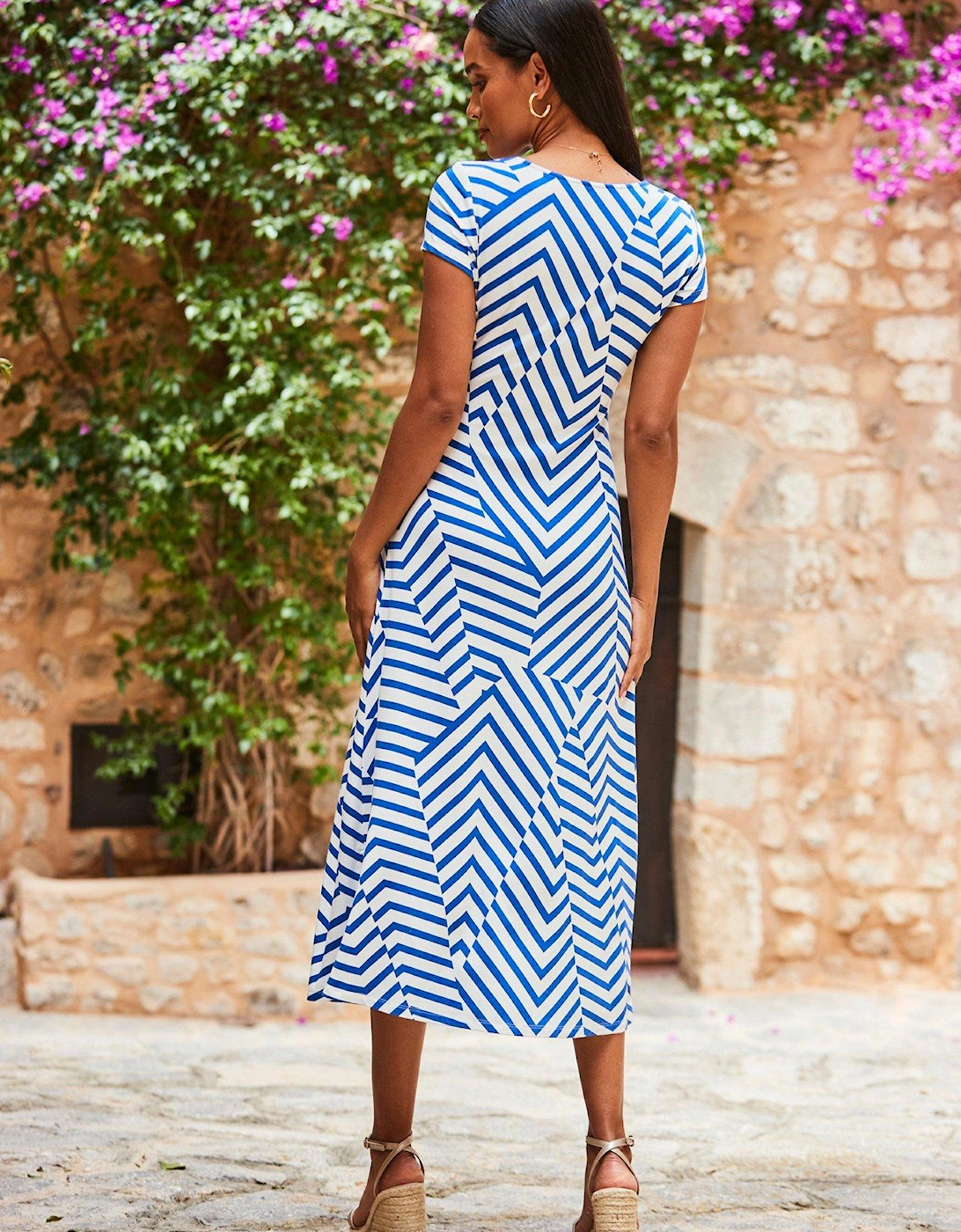 Geo Knot Front Cap Sleeve Fit And Flare Dress - Navy