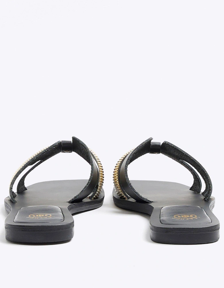 Cut Out Strap Leather Sandal - Black