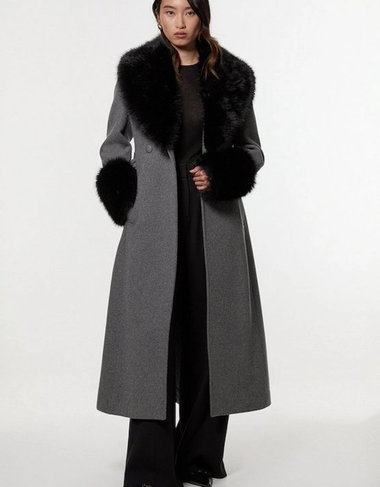 Wool Blend Detachable Faux Fur Belted Midi Coat