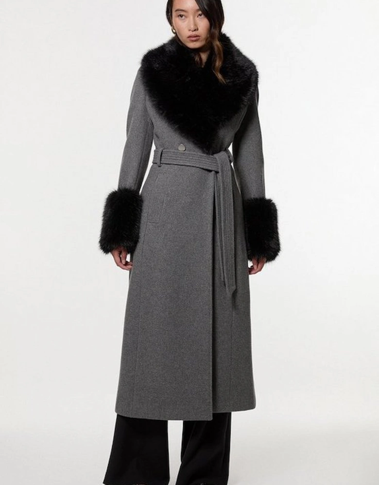 Wool Blend Detachable Faux Fur Belted Midi Coat