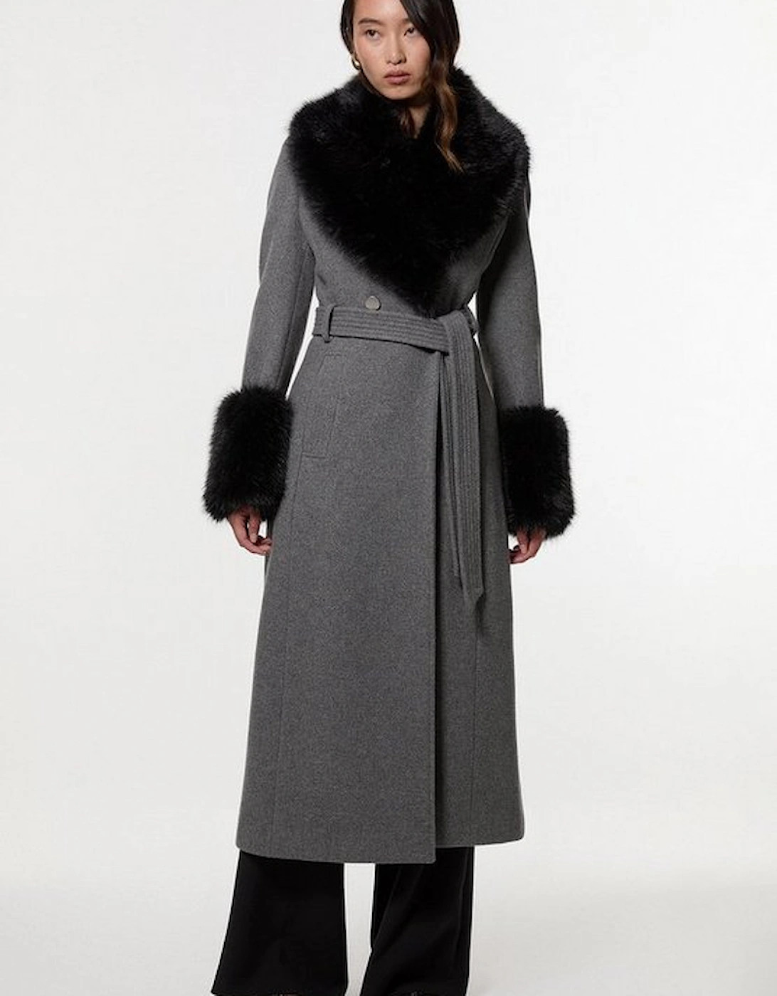 Wool Blend Detachable Faux Fur Belted Midi Coat
