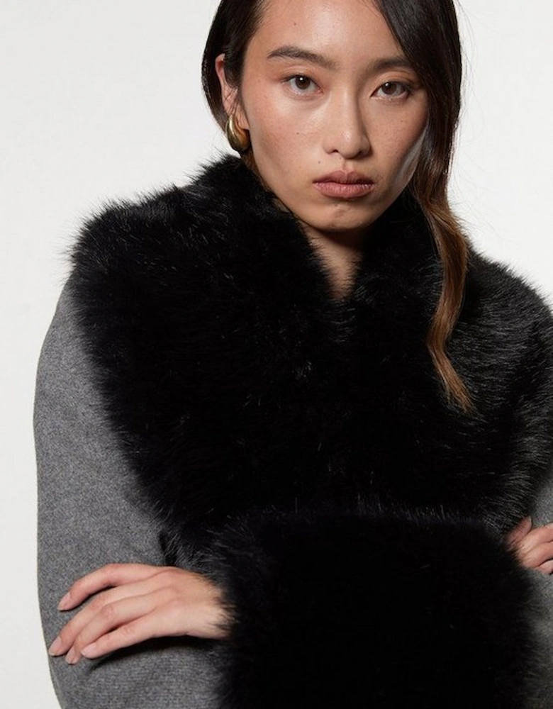 Wool Blend Detachable Faux Fur Belted Midi Coat