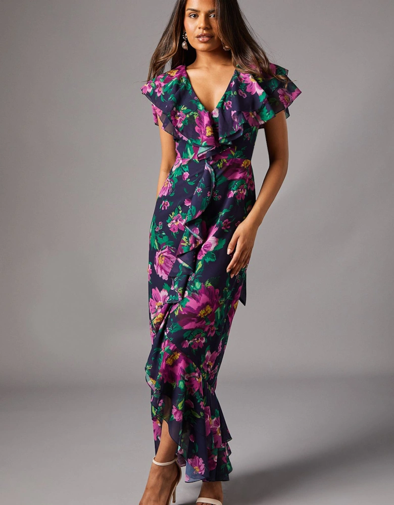 Petite Short Sleeve Chiffon Maxi Dress With Frills