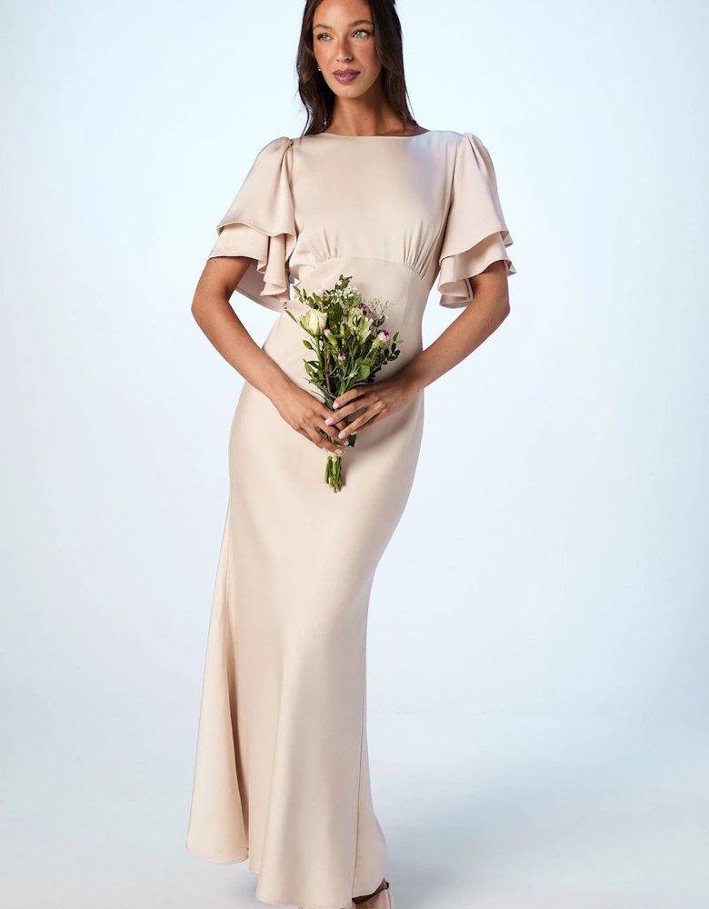 Honoured Satin Back Crepe High Neck Short Sleeve Maxi Bridesmaid Dress