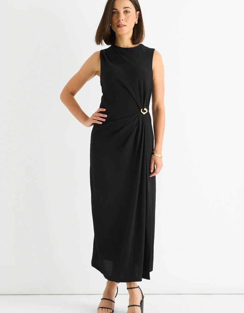 Black Waist ruched Metal Trim Sleeveless Midi Dress