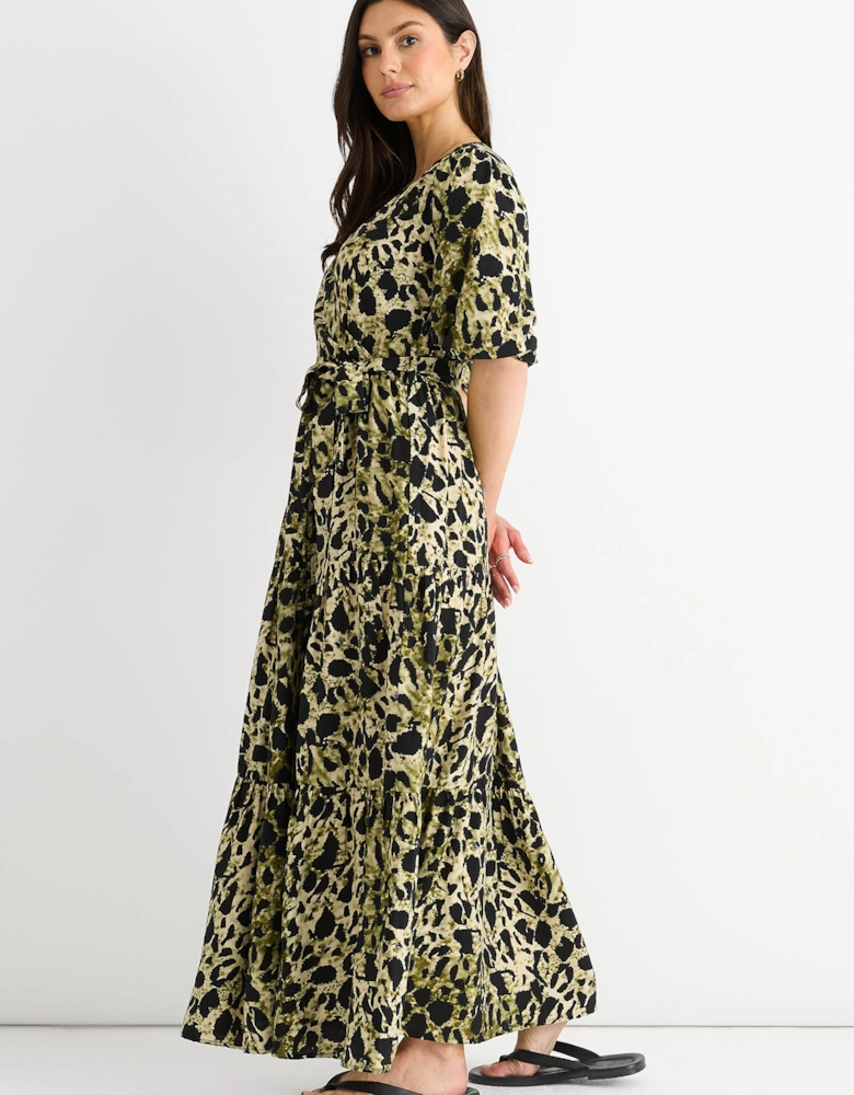 Green Animal Print Wrap Skater Maxi Dress