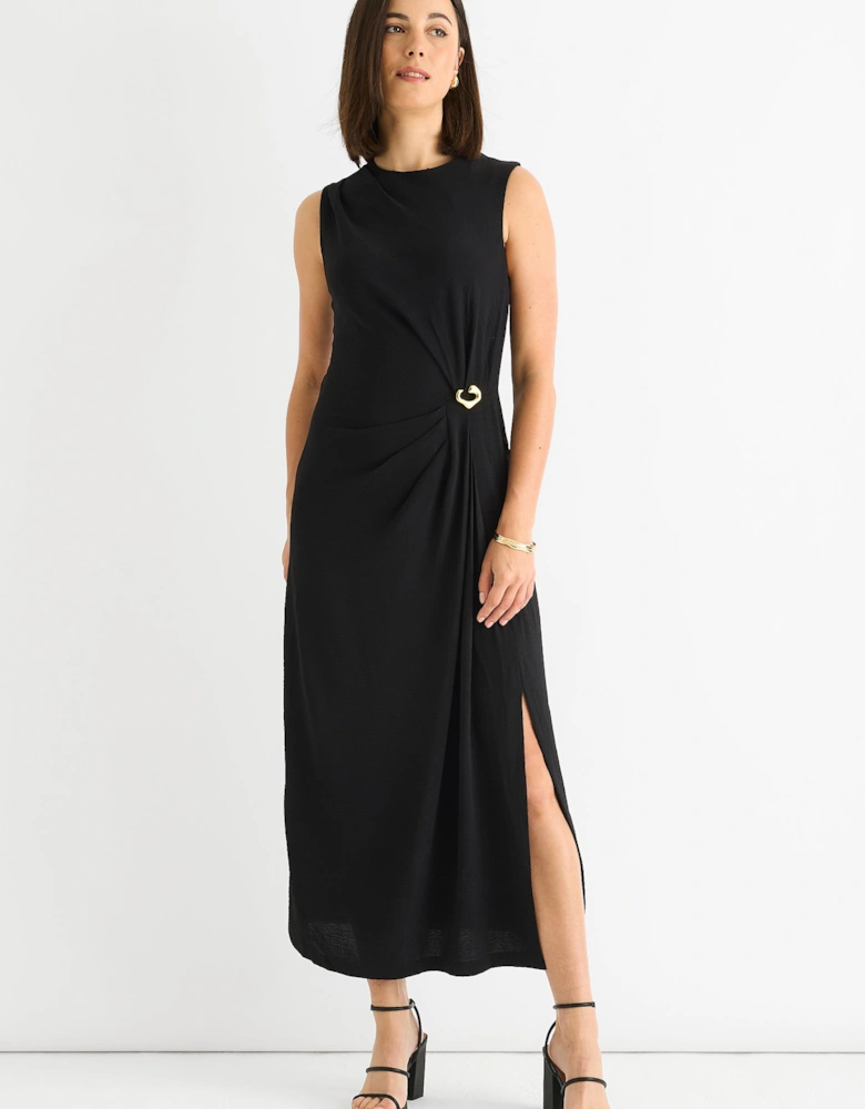 Black Waist ruched Metal Trim Sleeveless Midi Dress