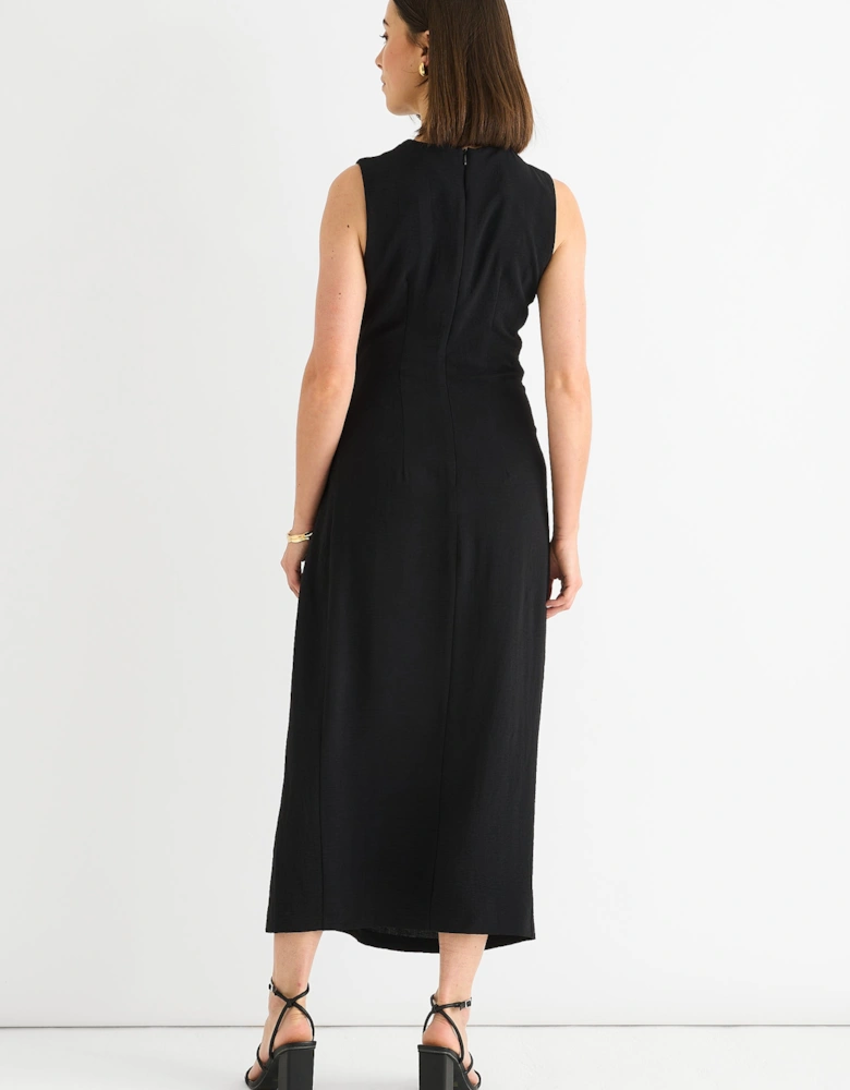 Black Waist ruched Metal Trim Sleeveless Midi Dress