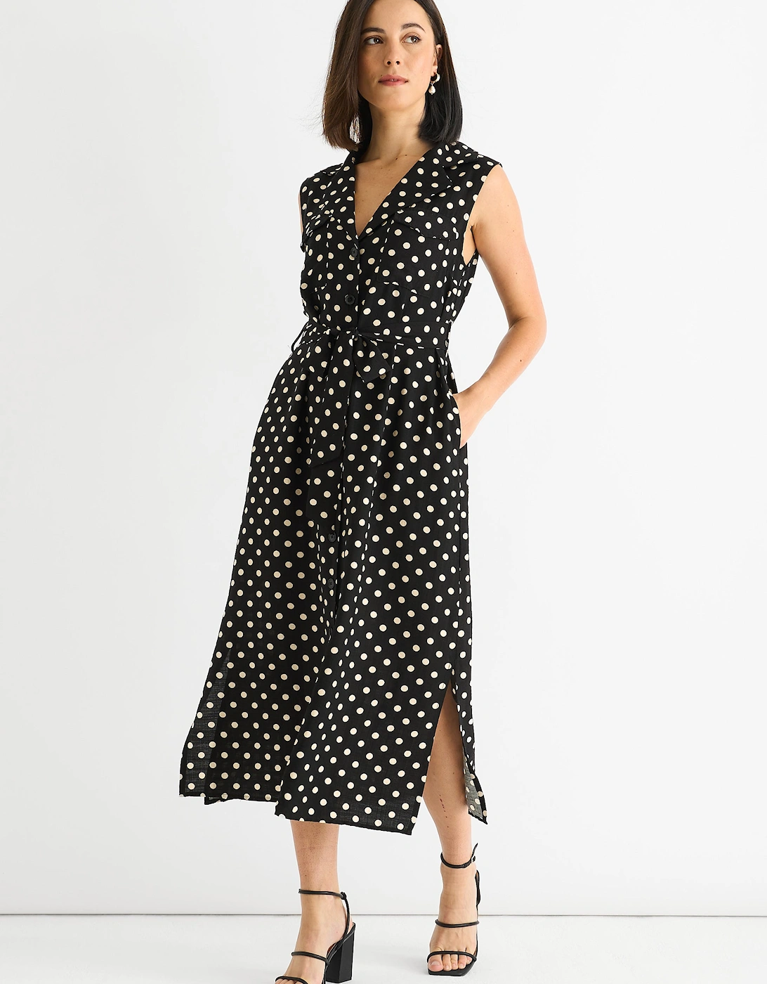 Black Viscose Spot Print Belted Shirt Midi Dress, 5 of 4