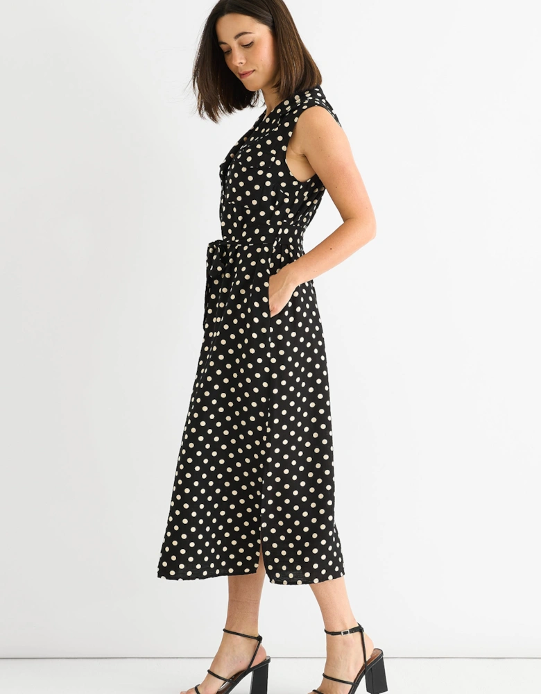 Black Viscose Spot Print Belted Shirt Midi Dress