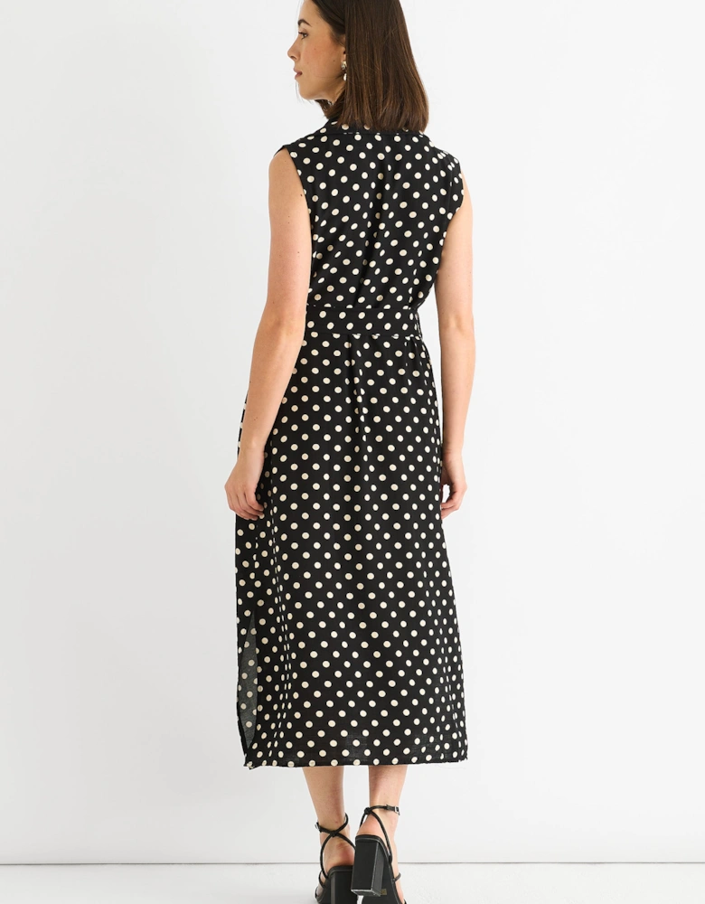 Black Viscose Spot Print Belted Shirt Midi Dress