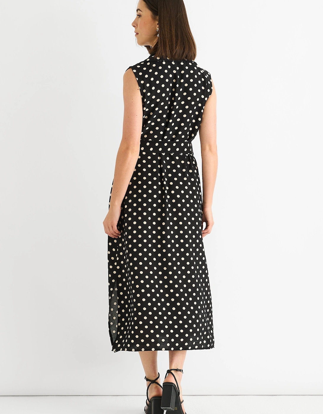 Black Viscose Spot Print Belted Shirt Midi Dress