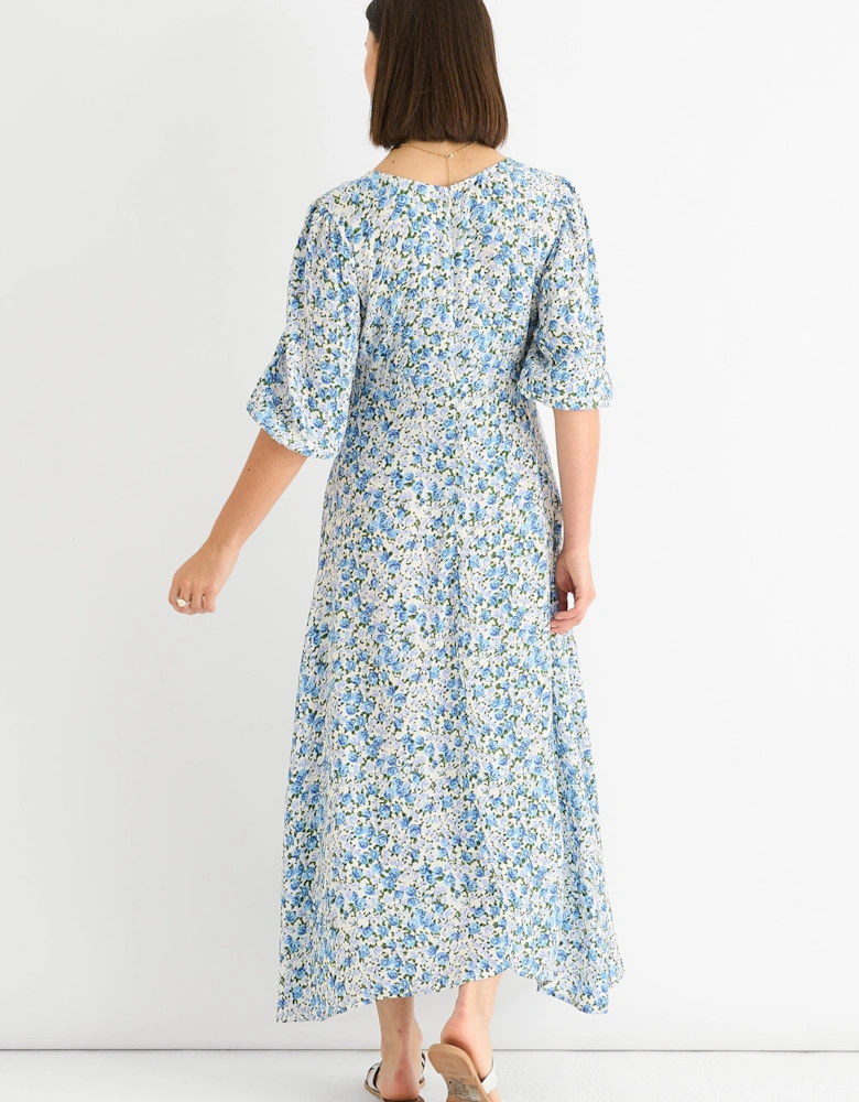 Blue Floral Print Viscose Midi Dress