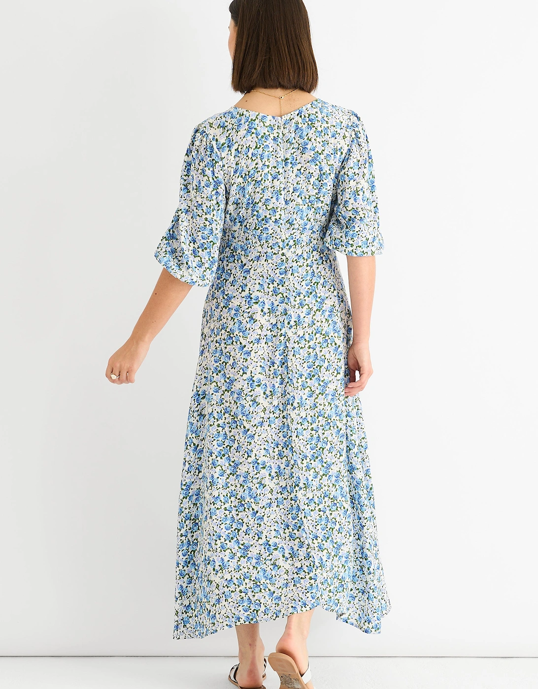 Blue Floral Print Viscose Midi Dress