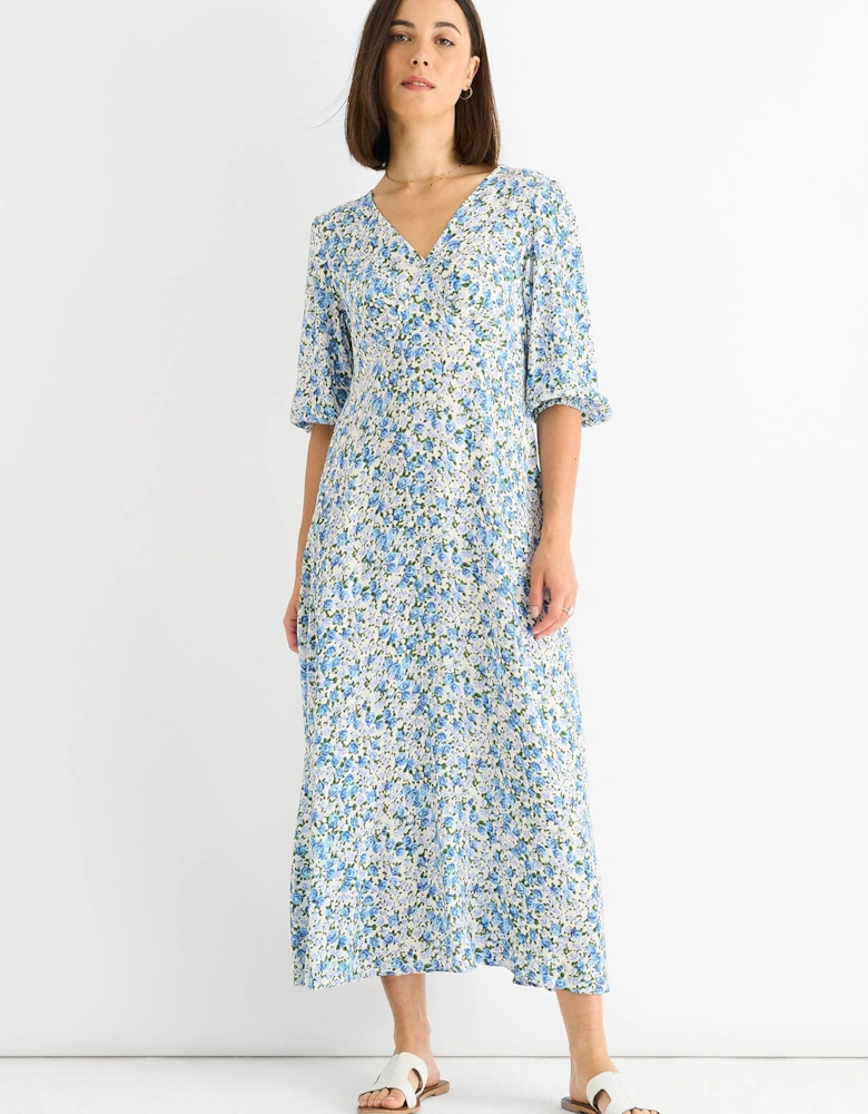 Blue Floral Print Viscose Midi Dress