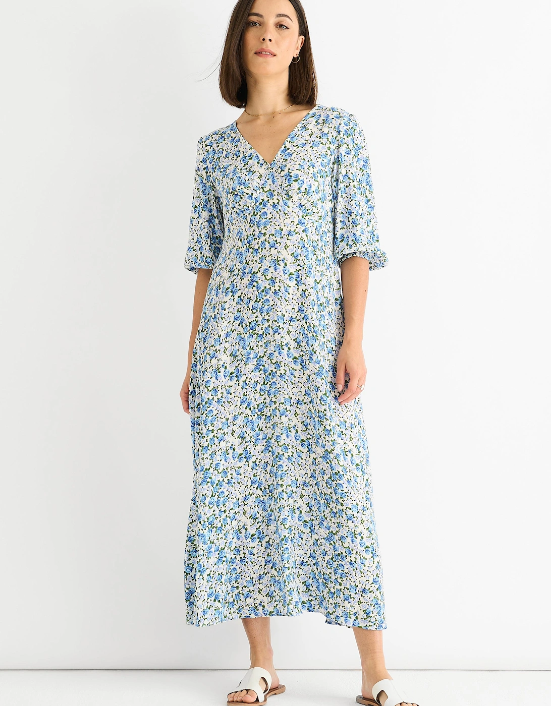 Blue Floral Print Viscose Midi Dress, 5 of 4