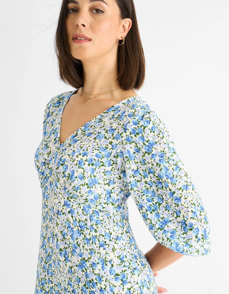 Blue Floral Print Viscose Midi Dress