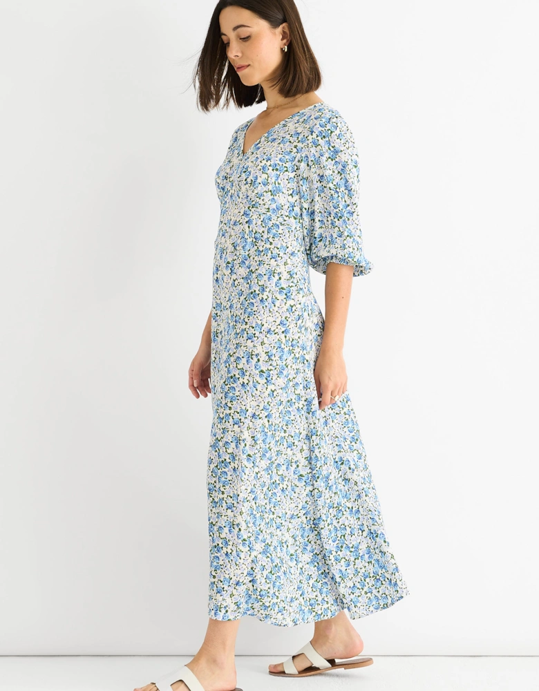 Blue Floral Print Viscose Midi Dress