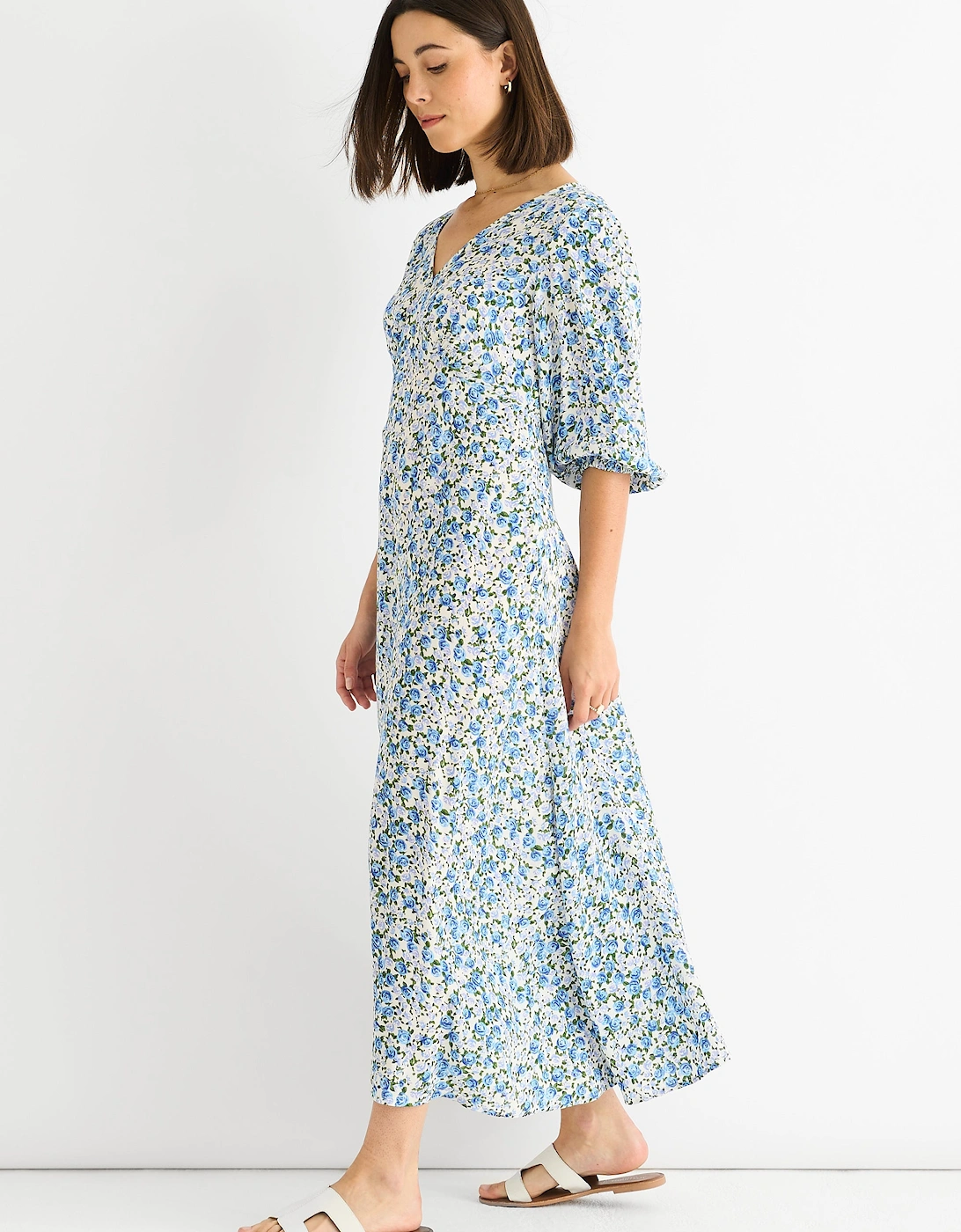 Blue Floral Print Viscose Midi Dress