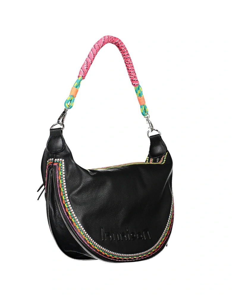 Black Embroidered Handbag with Removable Shoulder Strap Women