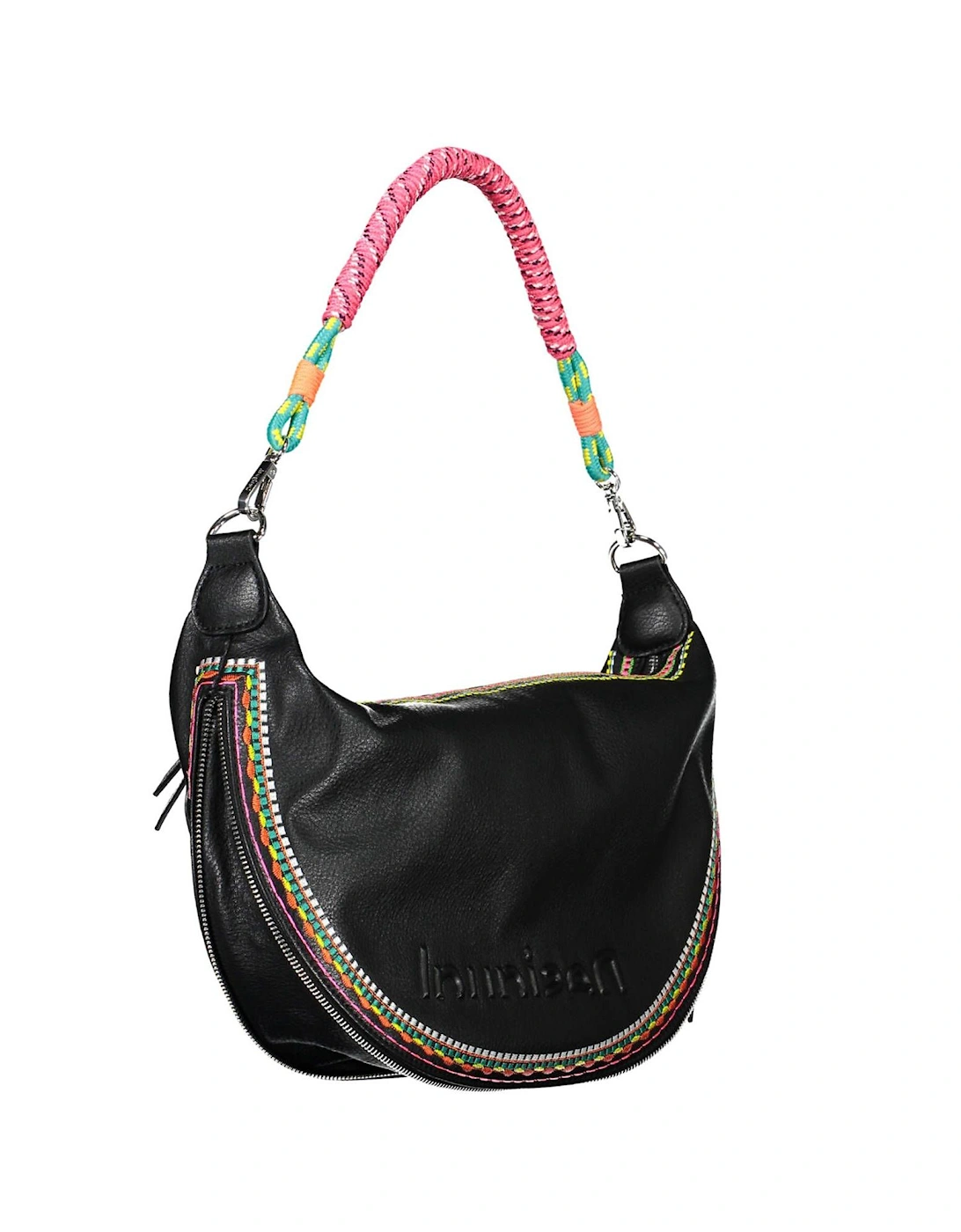 Black Embroidered Handbag with Removable Shoulder Strap Women