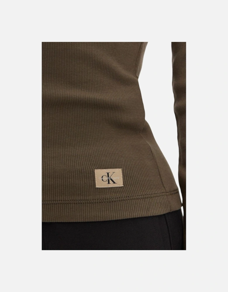 Washed Label Rib Long Sleeve Top Women - Green Clothing
