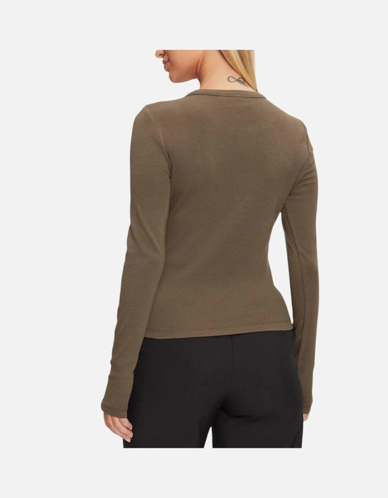 Washed Label Rib Long Sleeve Top Women - Green Clothing