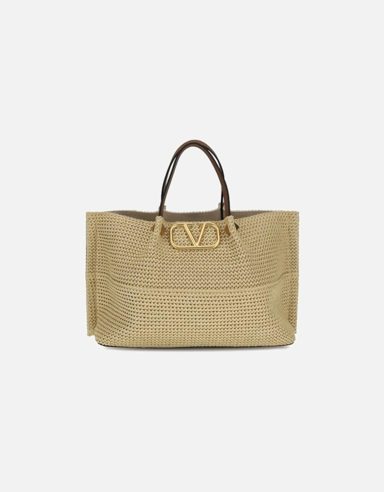 Raffia VLogo Tote Bag with Leather Strap Women - Beige Shoulder Bags