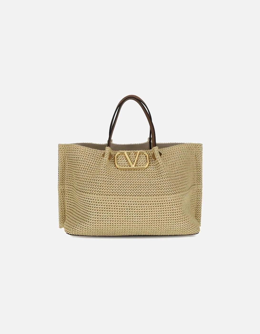 Raffia VLogo Tote Bag with Leather Strap Women - Beige Shoulder Bags, 5 of 4