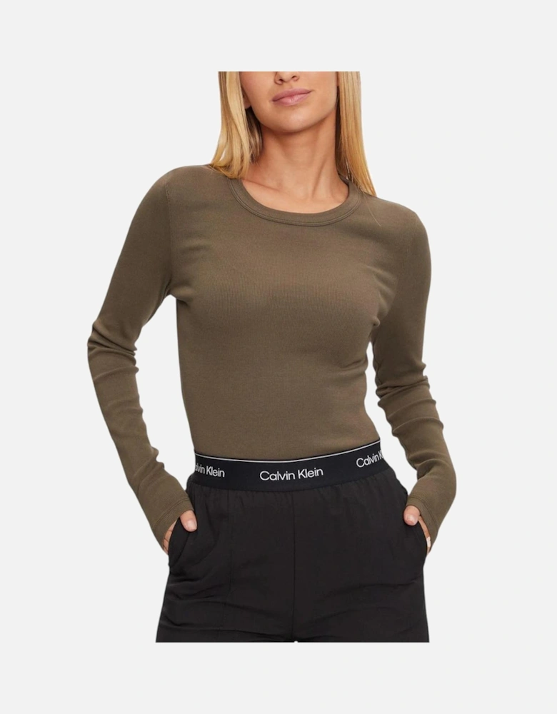 Washed Label Rib Long Sleeve Top Women - Green Clothing