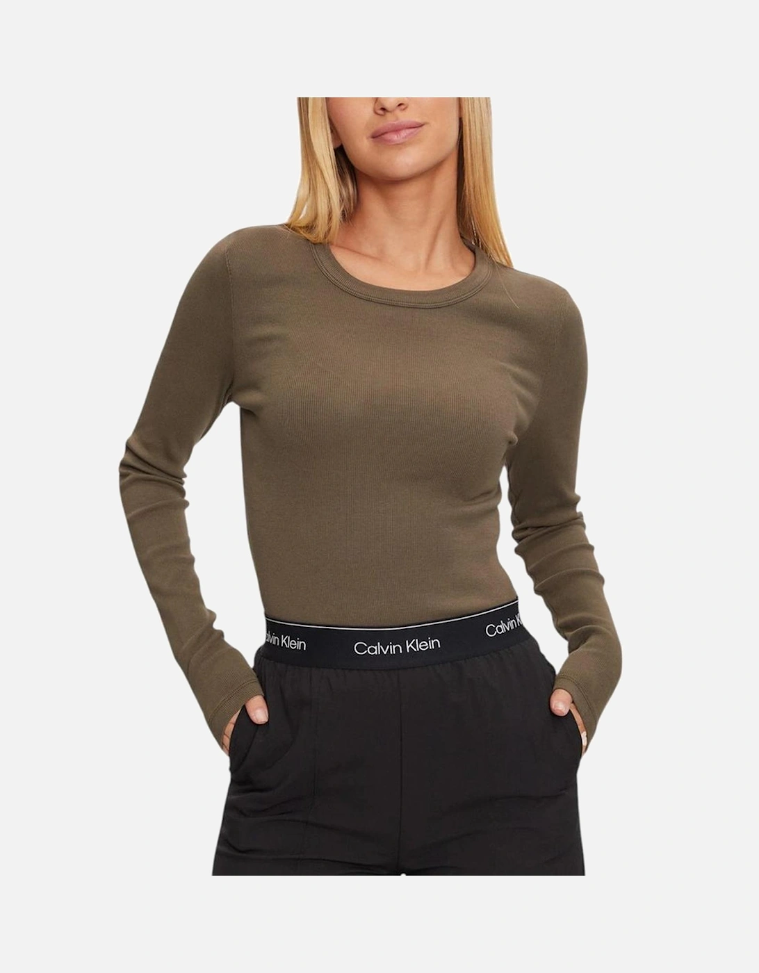 Washed Label Rib Long Sleeve Top Women - Green Clothing