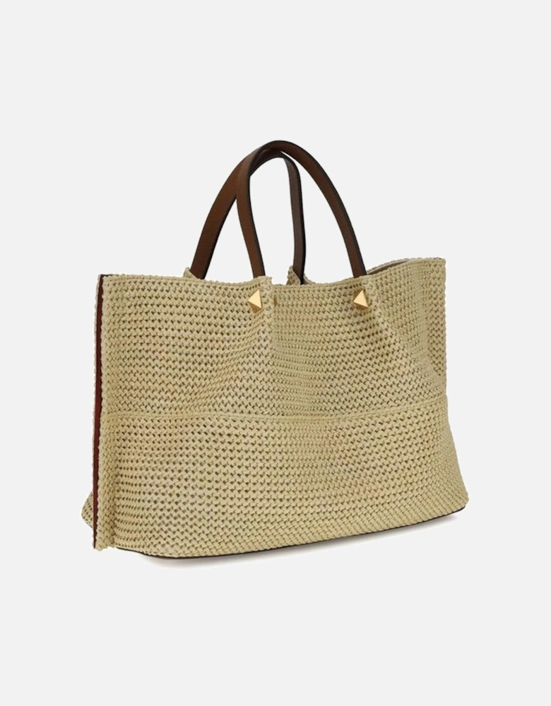 Raffia VLogo Tote Bag with Leather Strap Women - Beige Shoulder Bags
