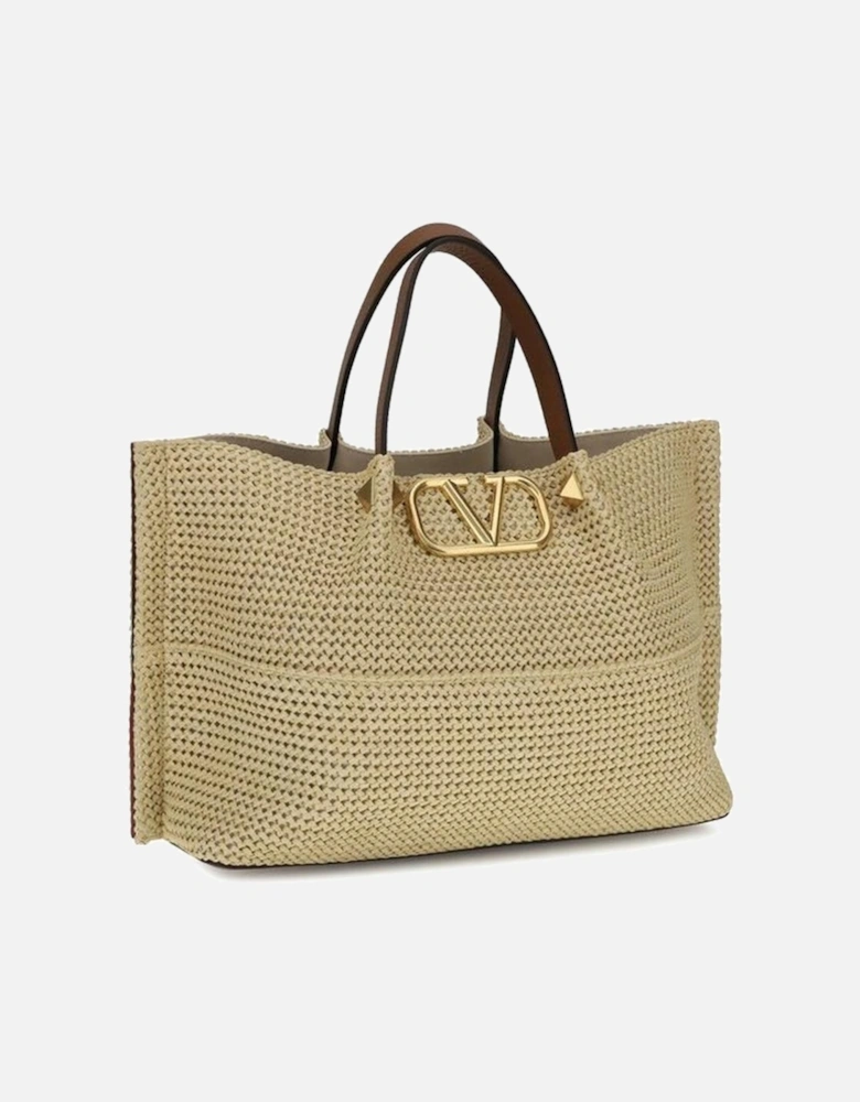 Raffia VLogo Tote Bag with Leather Strap Women - Beige Shoulder Bags