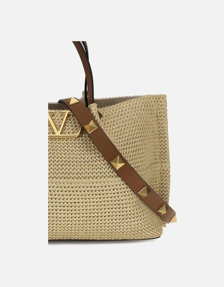 Raffia VLogo Tote Bag with Leather Strap Women - Beige Shoulder Bags