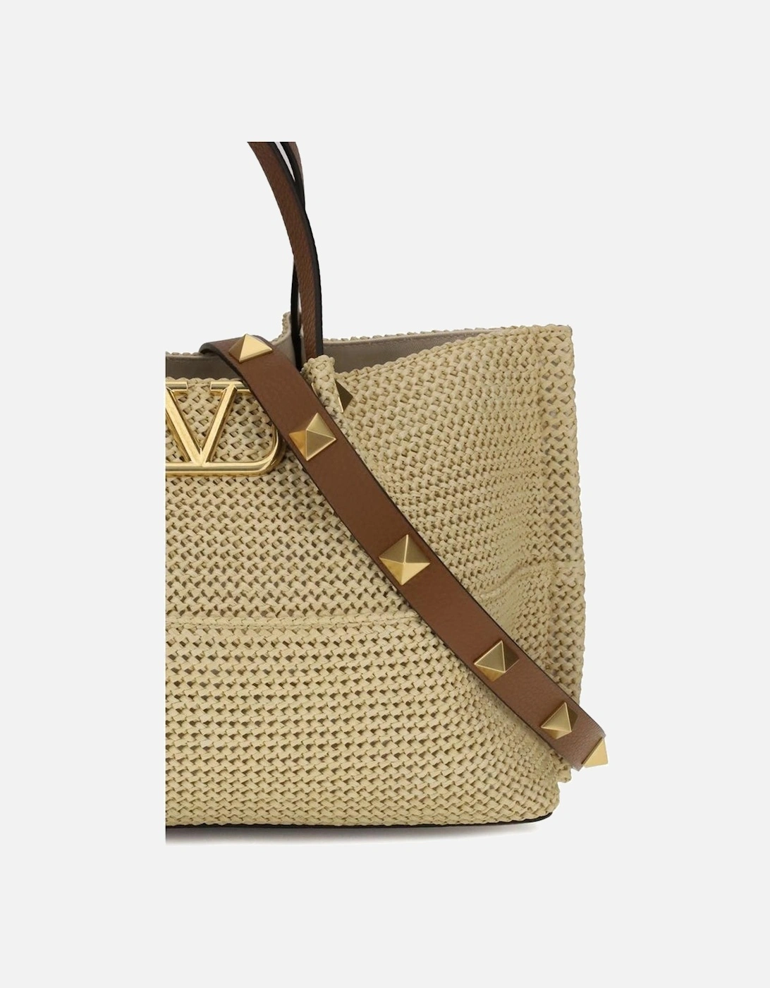 Raffia VLogo Tote Bag with Leather Strap Women - Beige Shoulder Bags