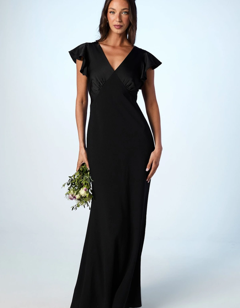 Honoured V Neck Angel Short Sleeve Satin Maxi Bridesmaid Dress
