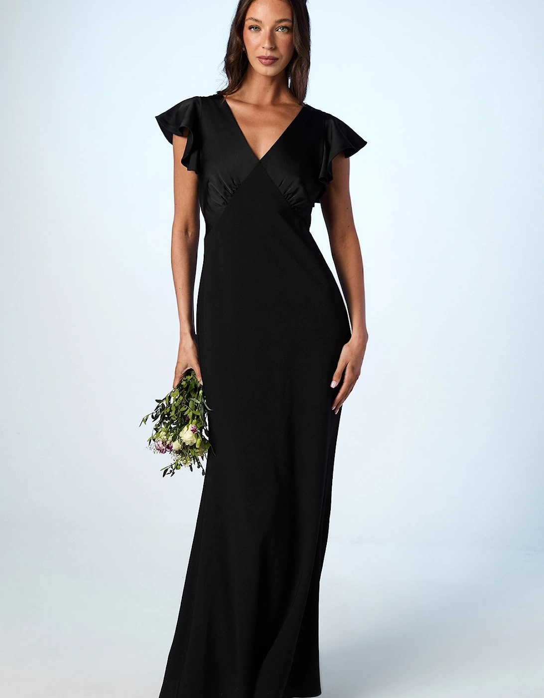 Honoured V Neck Angel Short Sleeve Satin Maxi Bridesmaid Dress, 2 of 1