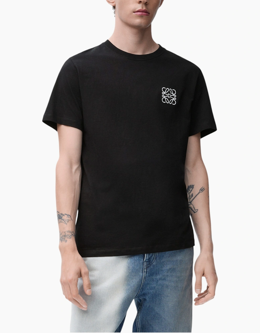 Men's Loewe Mens T Shirts Two-Tone Anagram Embroidery Crew Neck Regular Fit Cotton Tee - Black - Size: 42
