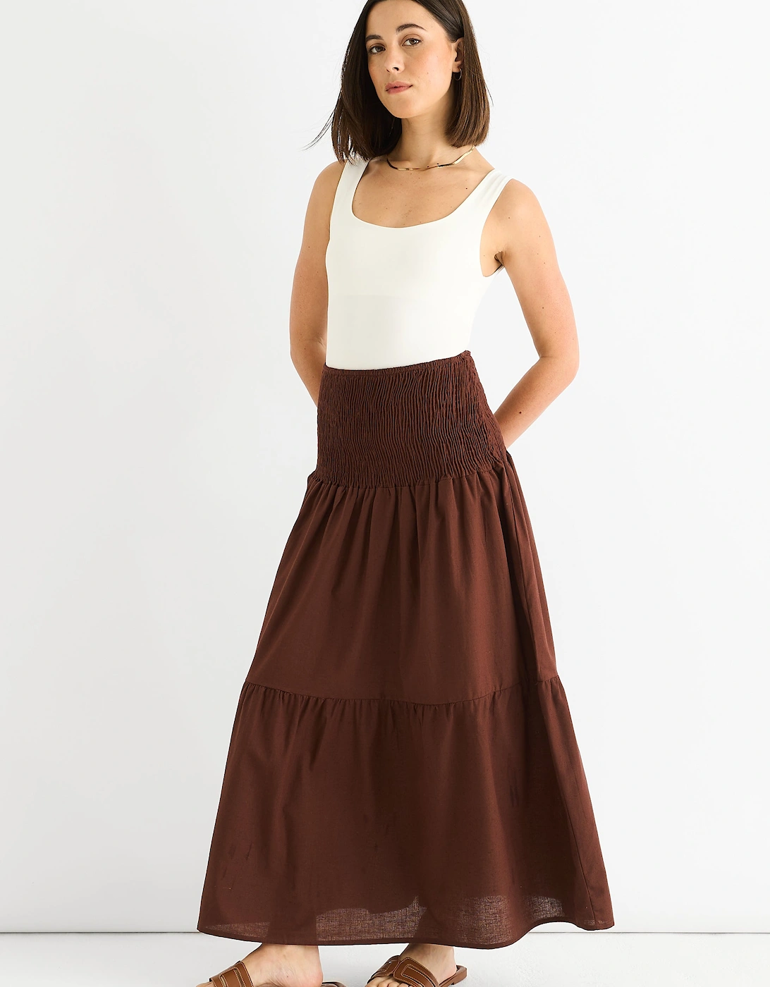 Chocolate Cotton Smock Tiered Cotton Maxi Skirt
