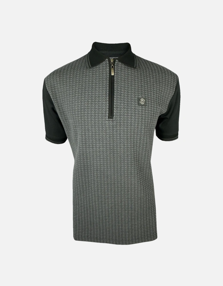 Textured Houndstooth Panel Polo - Black/ Grey