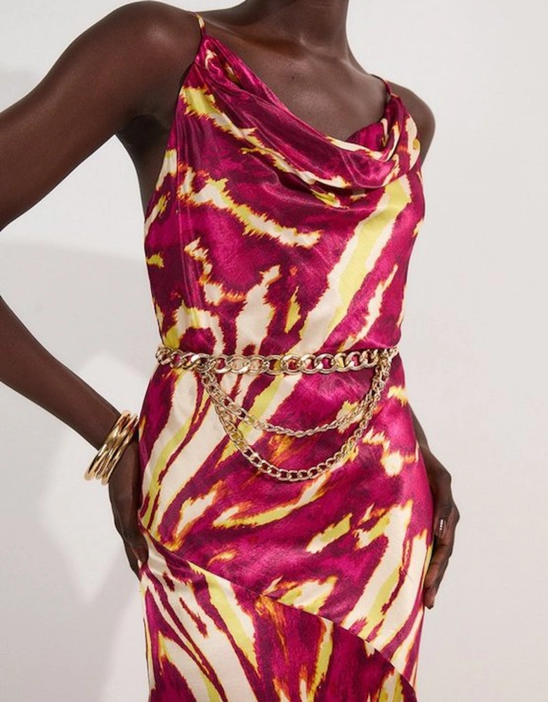 Viscose Satin Border Print Strappy Woven Maxi Dress