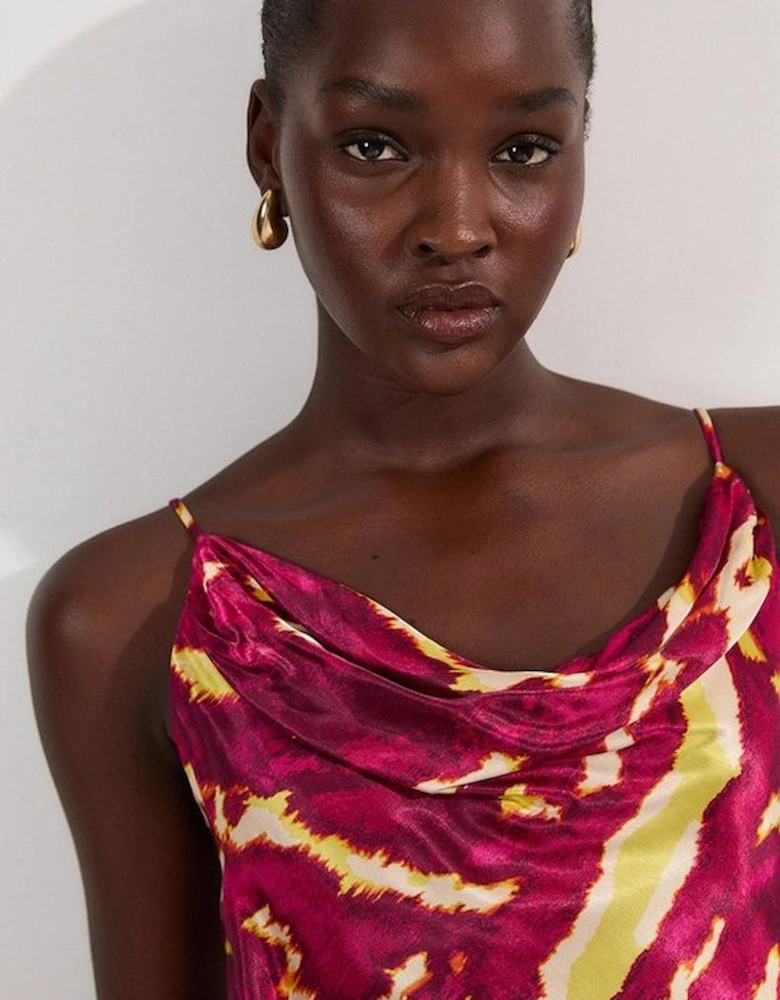 Viscose Satin Border Print Strappy Woven Maxi Dress