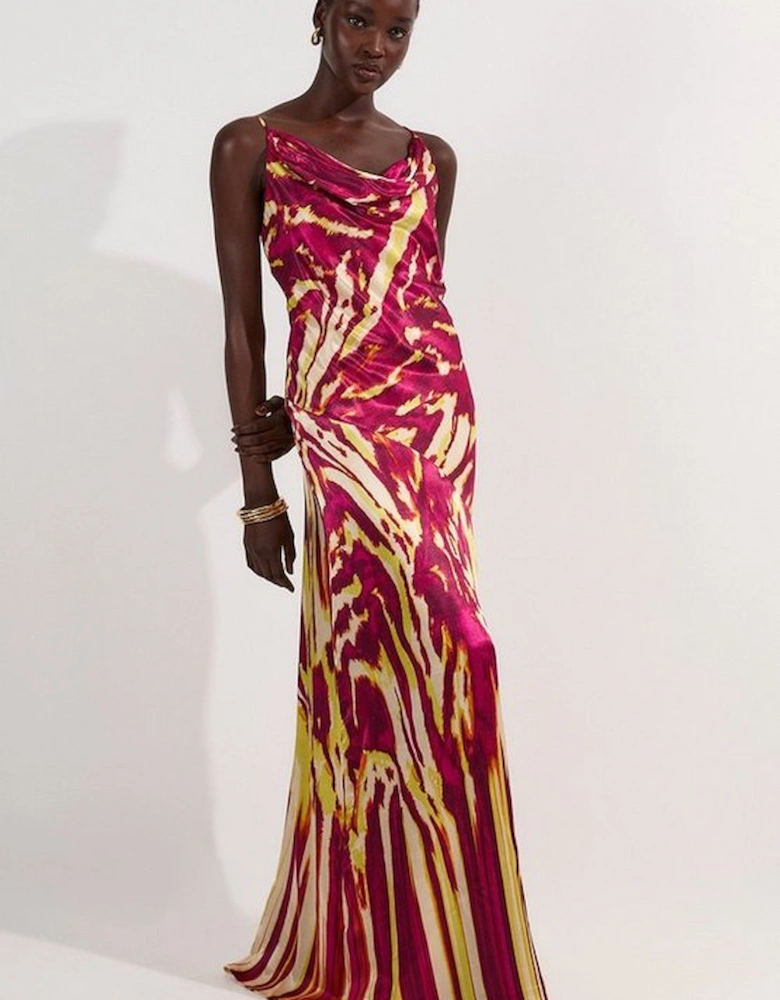 Viscose Satin Border Print Strappy Woven Maxi Dress