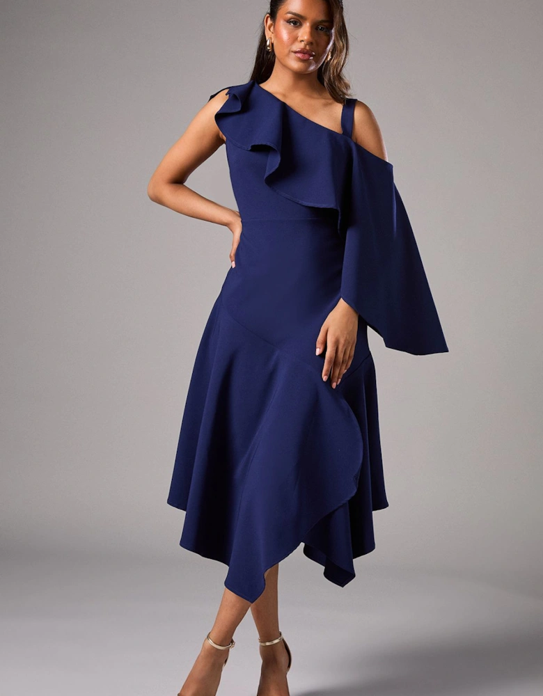 Petite One Shoulder Ruffle Crepe Midi Wedding Guest Dress