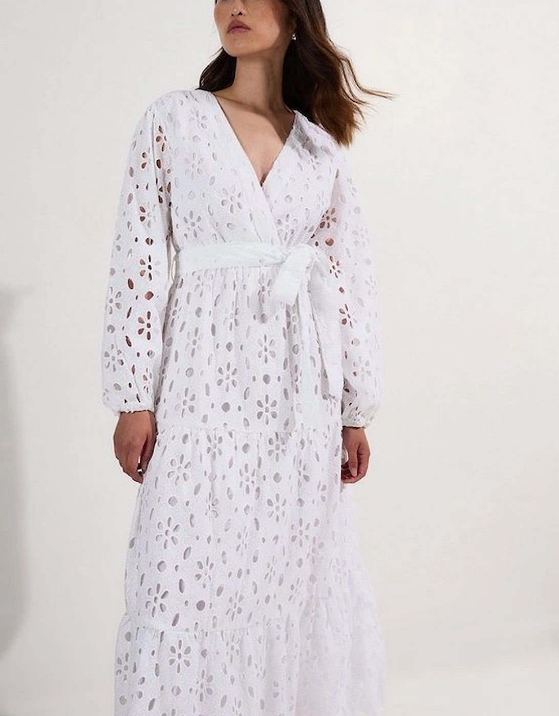 Cotton Broderie Belted Long Sleeve Woven Midi Dress, 4 of 3
