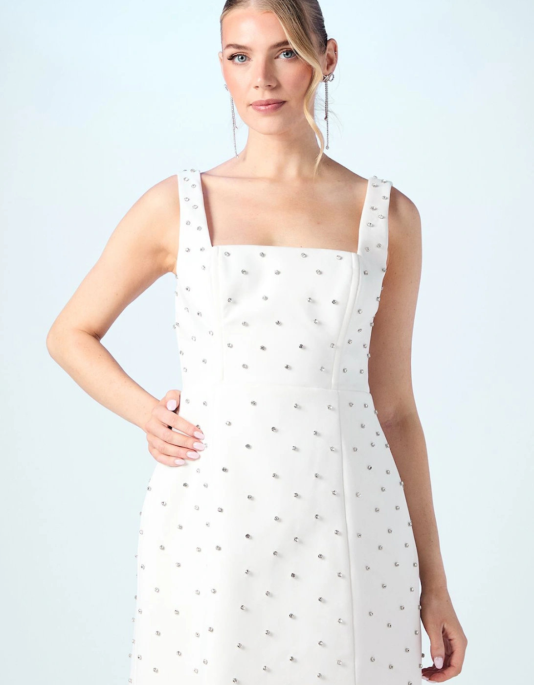 Square Neck Hotfix crepe Bridal Mini Dress, 2 of 1