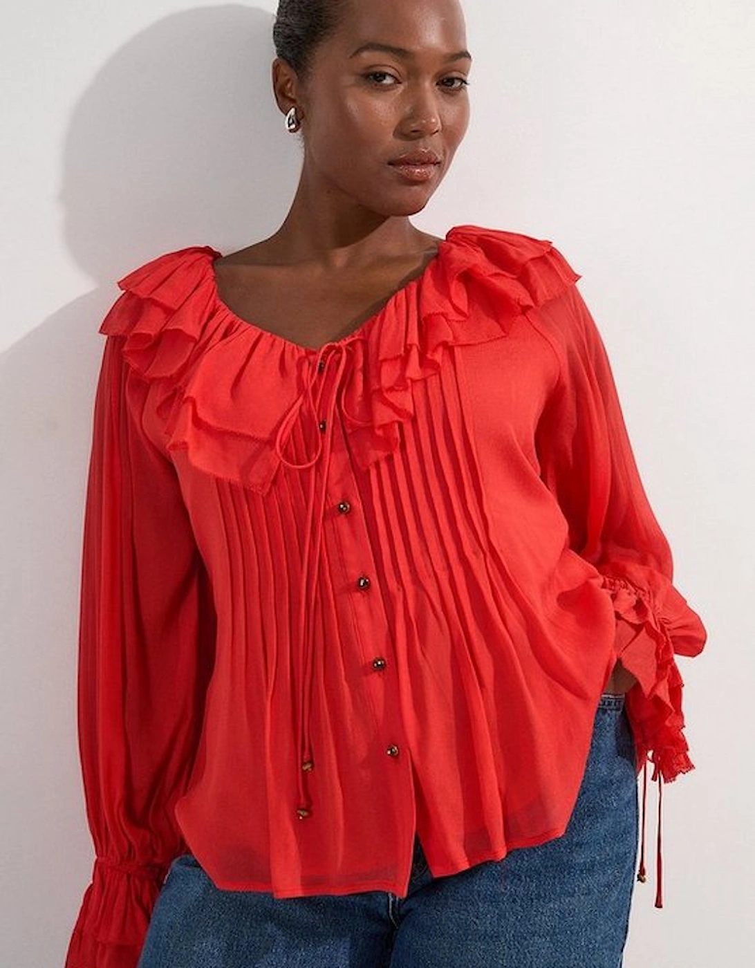 Plus Size Crinkle Viscose Georgette Pin Tuck Detail Ruffle Woven Blouse, 5 of 4