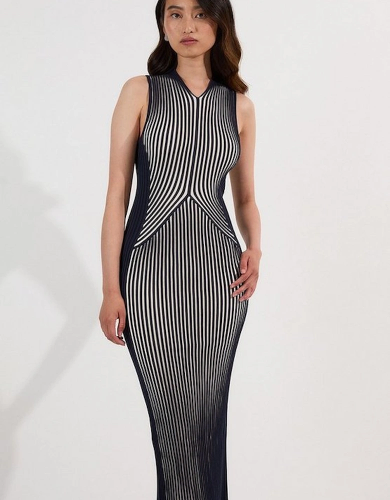 Petite Stripe Fitted Sleeveless Knitted Midi Dress